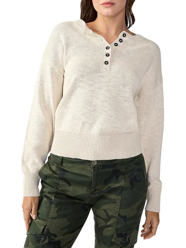 Womens Ribbed Trim Button Pullover Sweater Knit Fabric Woven Fabric Fleece Fabric