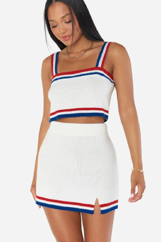 Show Me Your Mumu Below Deck Mini Skirt in USA Stripe Knit silk skirt lustrous