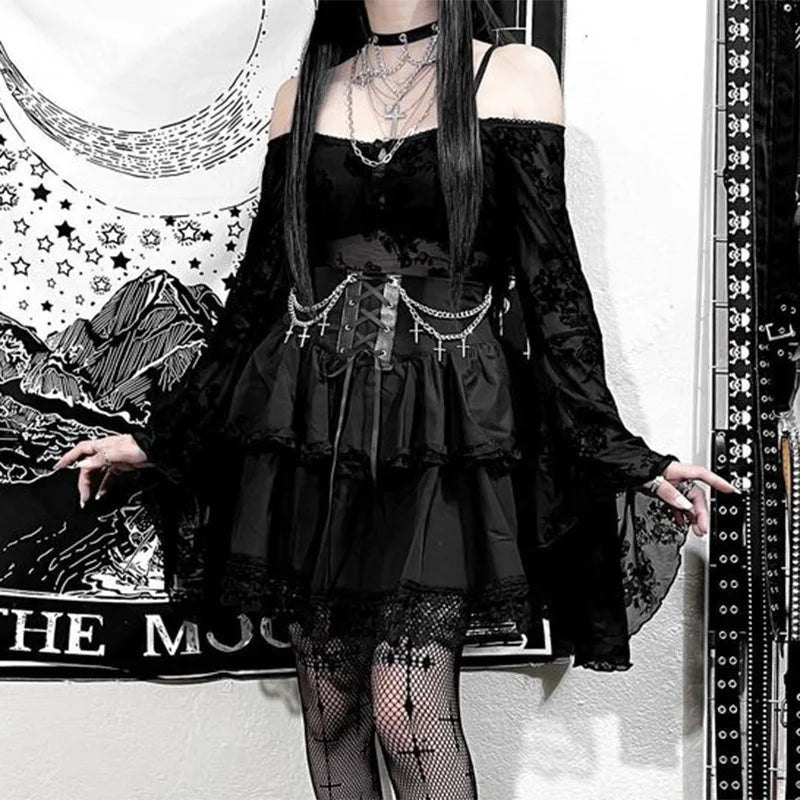 Black Mini Gothic Sexy Cute Women Drawstring Folds High Waist Irregular Ruffle Patchwork Fairycore Skirt leather skirt sleek