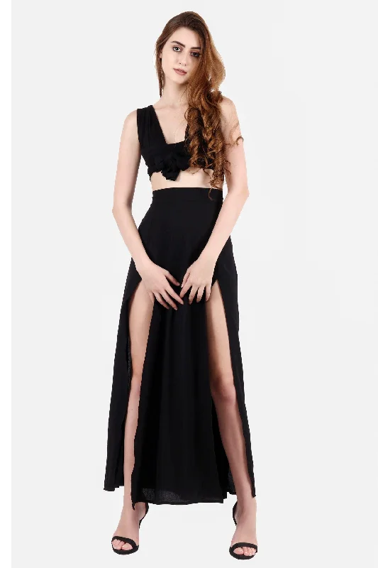 Black Solid Skirt with Front Slits slim fit skirt