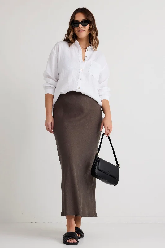 Bliss Dark Olive Linen Bias Midi Skirt leather skirt modern