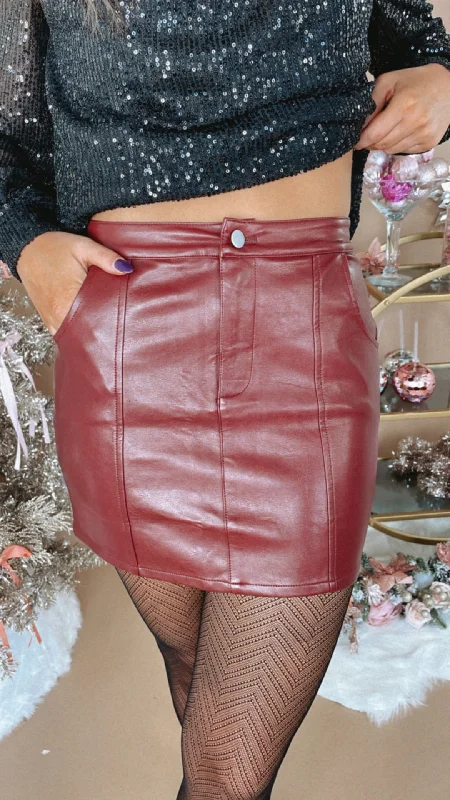 Call The Shots Leather Skirt, Burgundy leather skirt bold