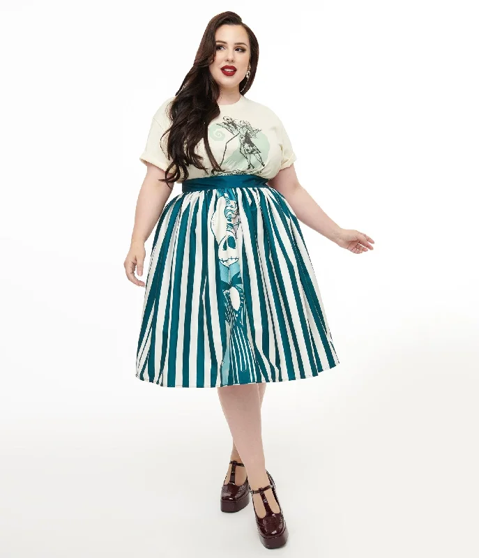 Tim Burton's The Nightmare Before Christmas by Unique Vintage Plus Size Teal & White Striped Jack Skellington Gellar Swing Skirt velvet skirt plush