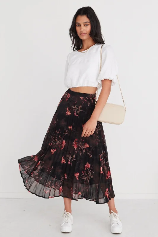 Glamour Black Orchid Chiffon Pleated Midi Skirt linen skirt light