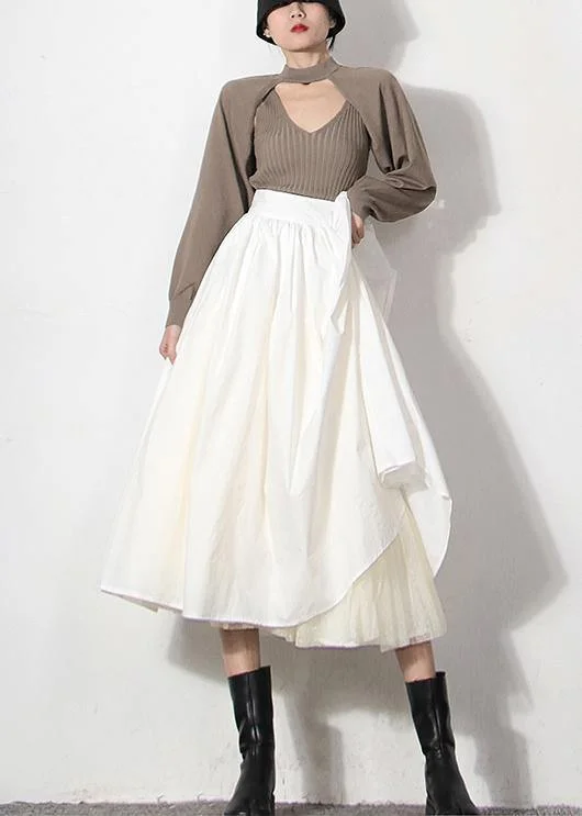 Italian White zippered Patchwork tulle Summer Skirt linen skirt breathable