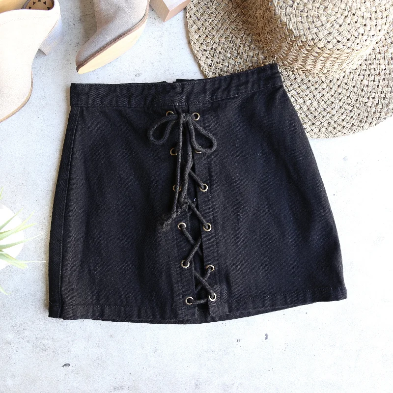 Kendall Denim Lace Up Skirt in Black silk skirt elegant