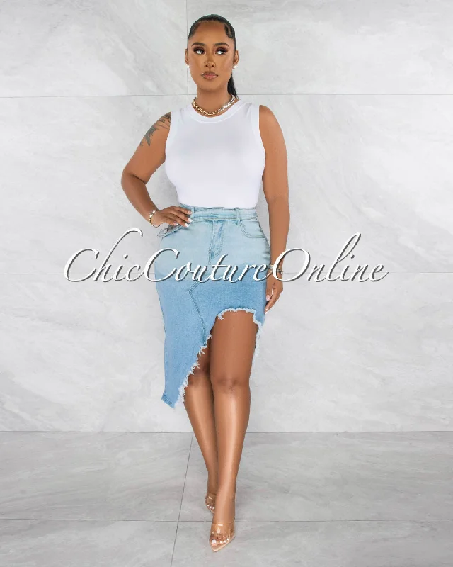 Lovy Light Denim Front Slit Distressed Midi Skirt ruffled skirt detail