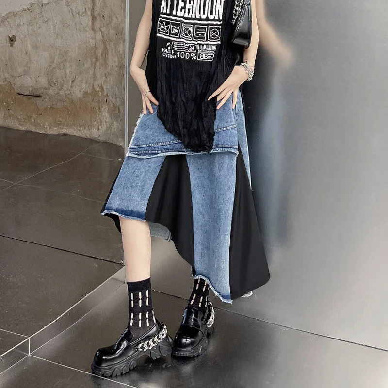 Mid-rise Asymmetrical Paneled Contrast Denim A-line Skirt a-line skirt cut