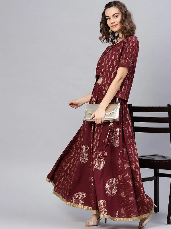 Women's Foil Printed Top With Skirt And Shrug - Pannkh cashmere skirt rich