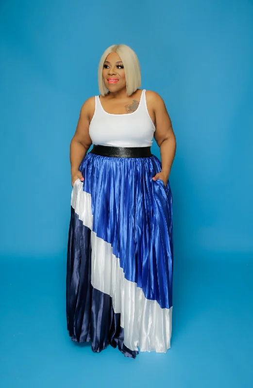 Blue Pleated Color-Block Maxi Skirt chiffon skirt flowing