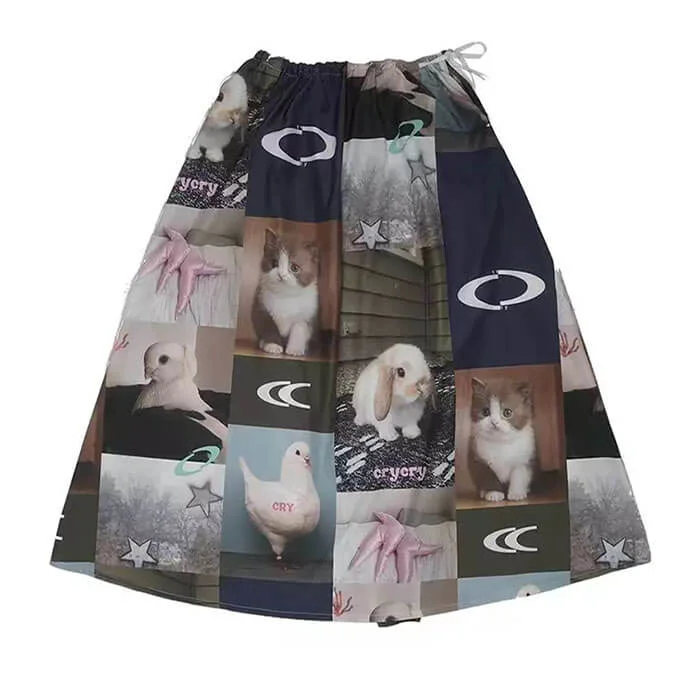 Rabbit & Cat Print Aesthetic Midi Skirt lightweight skirt design