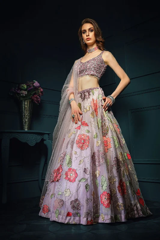 Mauve embroidered top with floral embroidered skirt satin skirt smooth