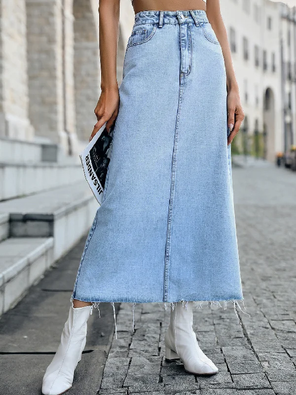 Raw Hem  Midi Denim Skirt lace skirt feminine