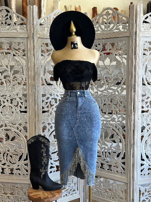 Rhinestone Fringe Denim Midi Skirt -Stretchy wool skirt sturdy