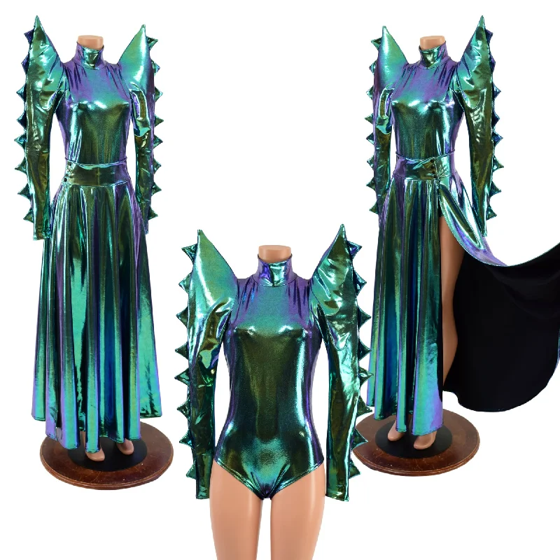 Spiked Mega Sharp Shoulder Romper and Breakaway Skirt Faux Gown Set slim fit skirt