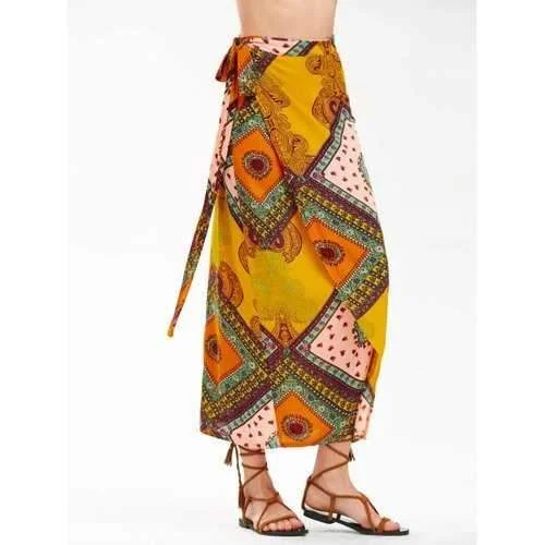 High Waist Bohemian Print Midi Wrap Skirt - S boho skirt vibe