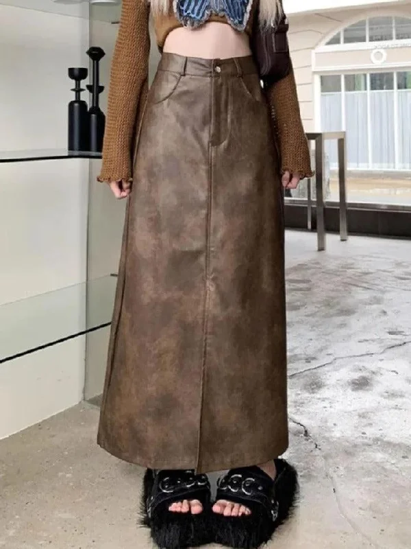 Vintage Brown High Rise Split PU Leather Midi Skirt patchwork skirt art