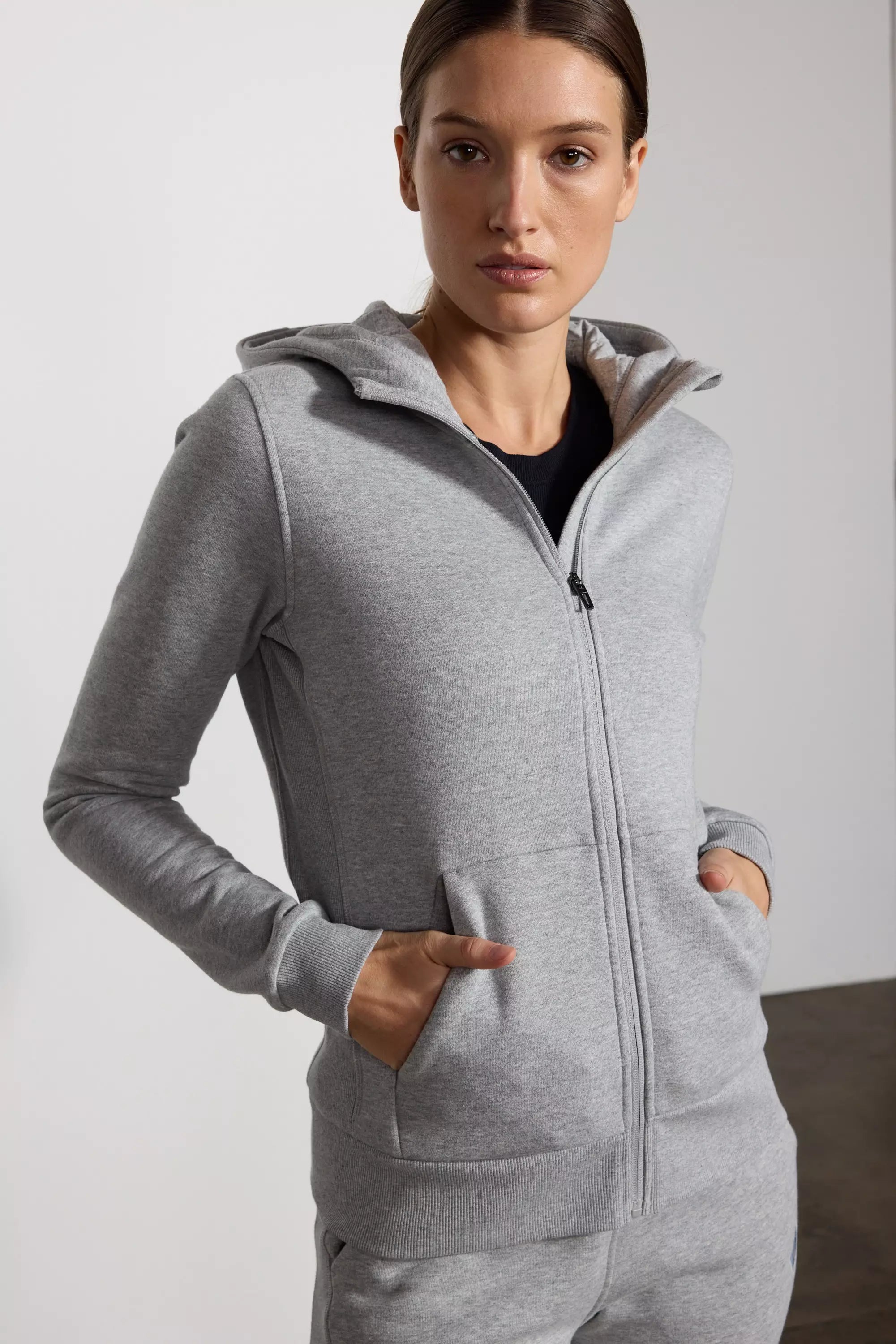 Comfort Fleece Zip-Up Hoodie - Htr Concrete Hoodie with Hem Lace Feminine Delicate