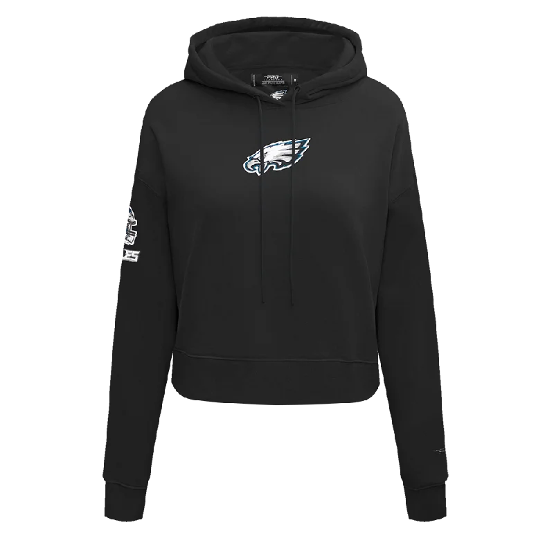 NFL PHILADELPHIA EAGLES CLASSIC WOMEN'S FLC CROPPED PO HOODIE (BLACK) Hoodie with Batwing Sleeves Loose Dramatic NFL PHILADELPHIA EAGLES CLASSIC WOMEN'S FLC CROPPED PO HOODIE (BLACK) Hoodie with Batwing Sleeves Loose Dramatic