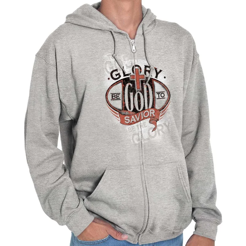 Glory God Savior Zip Hoodie Hoodie with Hem Embroidery Detailed Premium