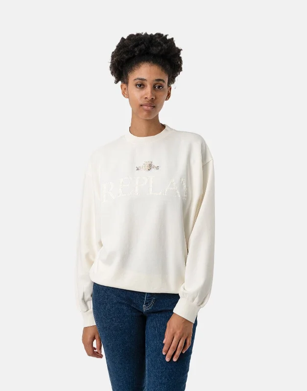 Replay Beaded Logo Print Sweatshirt White Hoodie with Ribbed Neckline Snug Warm