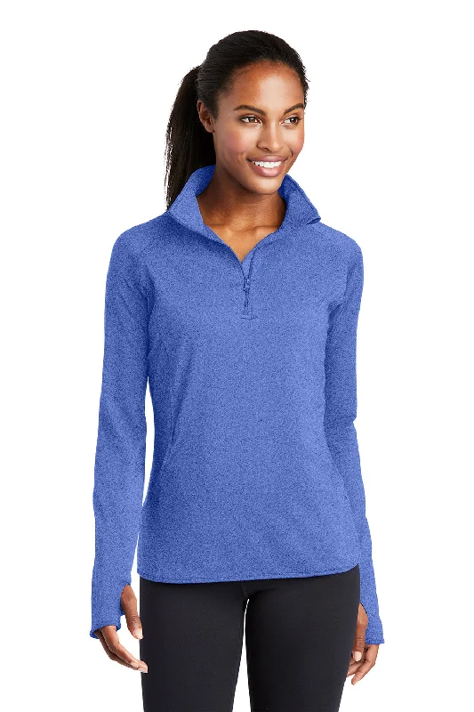 Sport-Tek Womens Sport-Wick Moisture Wicking 1/4 Zip Sweatshirt w/ Pouch Pocket - Heather True Royal Blue Hoodie with Relaxed Fit Easy Casual Sport-Tek Womens Sport-Wick Moisture Wicking 1/4 Zip Sweatshirt w/ Pouch Pocket - Heather True Royal Blue Hoodie with Relaxed Fit Easy Casual