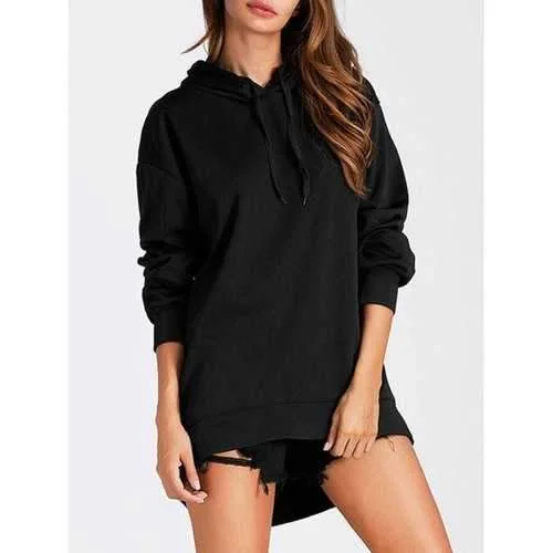 High Low Tunic Pullover Hoodie - Black M Hoodie with Exposed Zipper Edgy Industrial