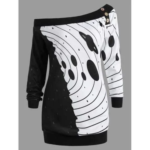 Button Star River Graphic Skew Neck Sweatshirt - Black M Hoodie with Velcro Closure Adjustable Secure