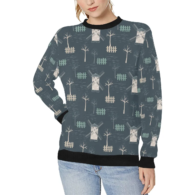 windmill tree pattern Women's Crew Neck Sweatshirt Hoodie Crop Top Short Trendy