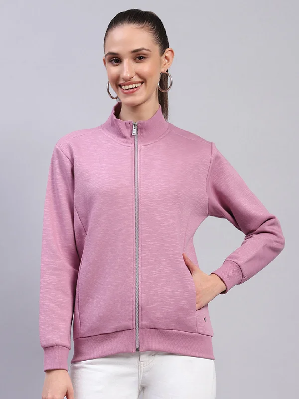 Women Pink Solid Mock Neck Full Sleeve Sweatshirt Hoodie with Neon Bright Vibrant