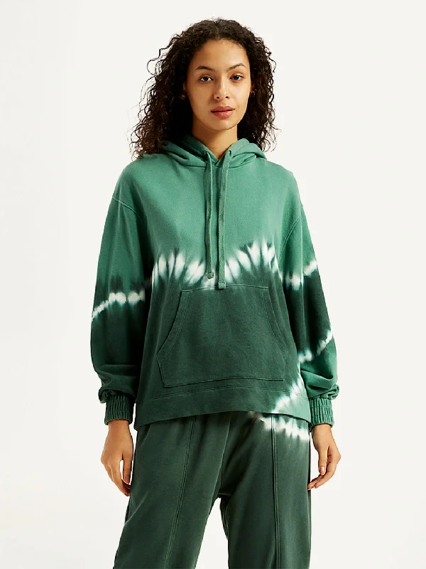 Women's Tie-Dye Green Hooded Sweatshirt Hoodie with Stripes Bold Sporty